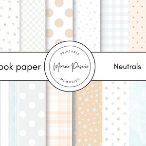 Może przedstawiać: Kolekcja arkuszy papieru do scrapbookingu z różnymi neutralnymi wzorami. Wzory obejmują paski, gwiazdy, kropki i kratę vichy w kolorze beżowym, białym i jasnoniebieskim. Wyświetlany jest tekst "Scrapbook paper Neutrals".