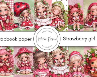 Strawberry Girl Scrapbook Paper, Kawaii Patterns (Digital Download