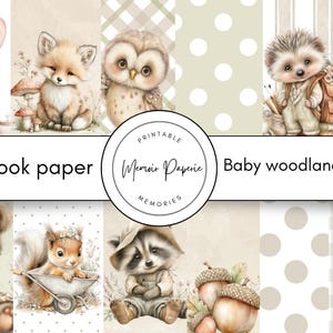 May include: Scrapbook paper featuring adorable baby woodland animals, including a mouse with a camera, a fox, an owl, a hedgehog, and a rabbit. The image also includes a bear, a squirrel, a raccoon, and a badger. The text "Scrapbook paper" and "Baby woodland animals" are visible.