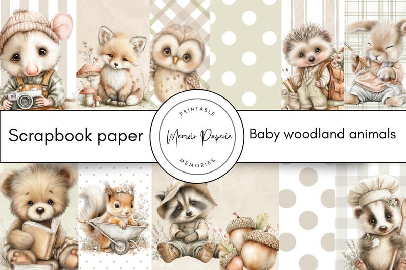 May include: Scrapbook paper featuring adorable baby woodland animals, including a mouse with a camera, a fox, an owl, a hedgehog, and a rabbit. The image also includes a bear, a squirrel, a raccoon, and a badger. The text "Scrapbook paper" and "Baby woodland animals" are visible.