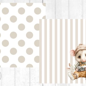 May include: Watercolor illustration featuring a cute mouse wearing a knit cap and overalls, holding a vintage camera. The background includes a polka dot pattern and a striped pattern. The image has a soft, pastel color palette.