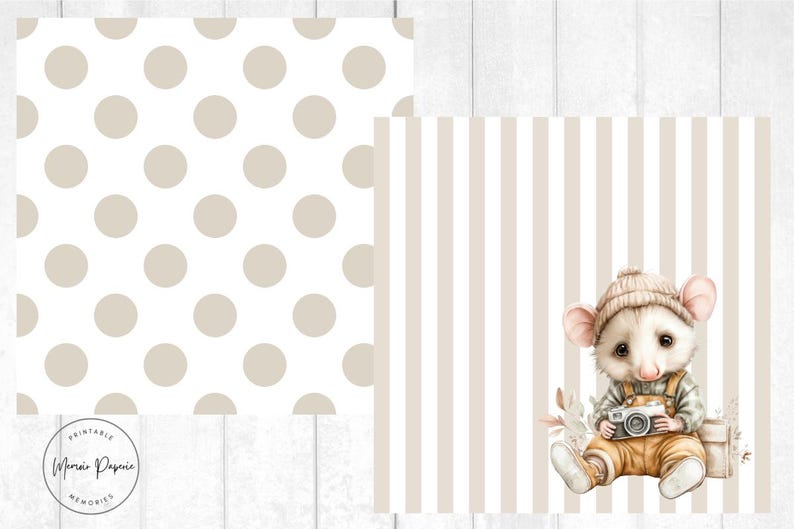 May include: Watercolor illustration featuring a cute mouse wearing a knit cap and overalls, holding a vintage camera. The background includes a polka dot pattern and a striped pattern. The image has a soft, pastel color palette.