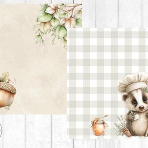 May include: Watercolor illustration featuring two distinct designs. One side showcases acorns and foliage, while the other presents a badger chef with a wooden spoon, honey, and a jar. The background is a beige watercolor wash and a checkered pattern.