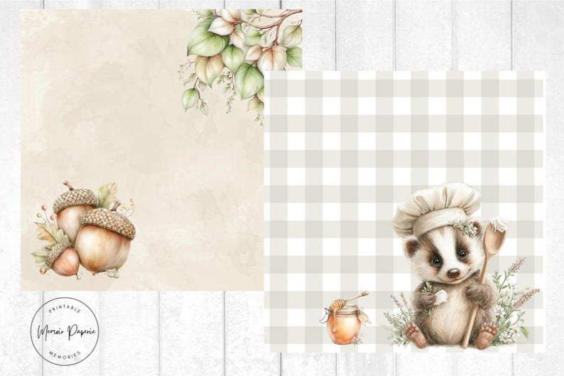 May include: Watercolor illustration featuring two distinct designs. One side showcases acorns and foliage, while the other presents a badger chef with a wooden spoon, honey, and a jar. The background is a beige watercolor wash and a checkered pattern.