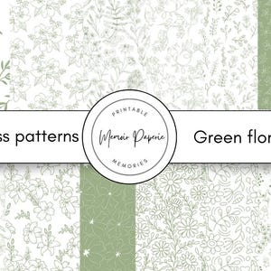 May include: A collection of seamless patterns featuring green floral designs. The patterns include various floral and botanical illustrations in shades of green and white. The text "Seamless patterns" and "Green floral" are displayed.