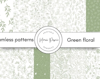 Sage Green Floral Seamless Patterns: Scrapbook Paper (Digital Download, 12x12 inches, JPG