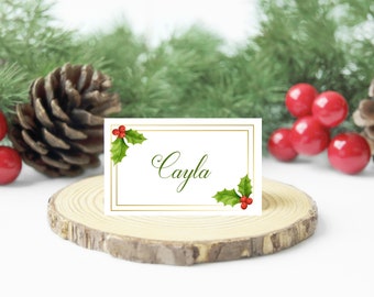 Christmas table name cards, Christmas table decorations, Christmas holly decorations, Name place cards, Table seating cards, Table name card