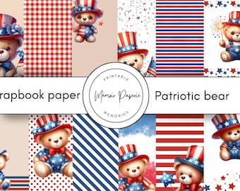 Op de afbeelding: Printbaar scrapbookpapier met patriottische beren die rode, witte en blauwe hoeden en outfits dragen. Het papier heeft verschillende patronen, waaronder ruitjes, strepen en sterren.