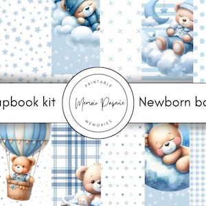 Kit de scrapbooking bleu nouveau-né à imprimer, kit de scrapbooking numérique bébé garçon, papiers à imprimer et embellissements nouveau-né bleu