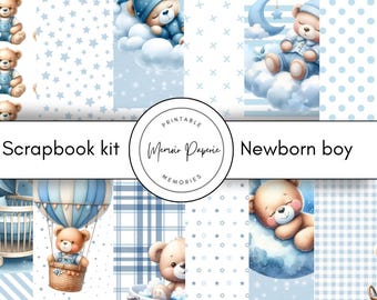 Blue Newborn Baby Boy Scrapbook Kit: Printable Papers & Embellishments (PDF Format)