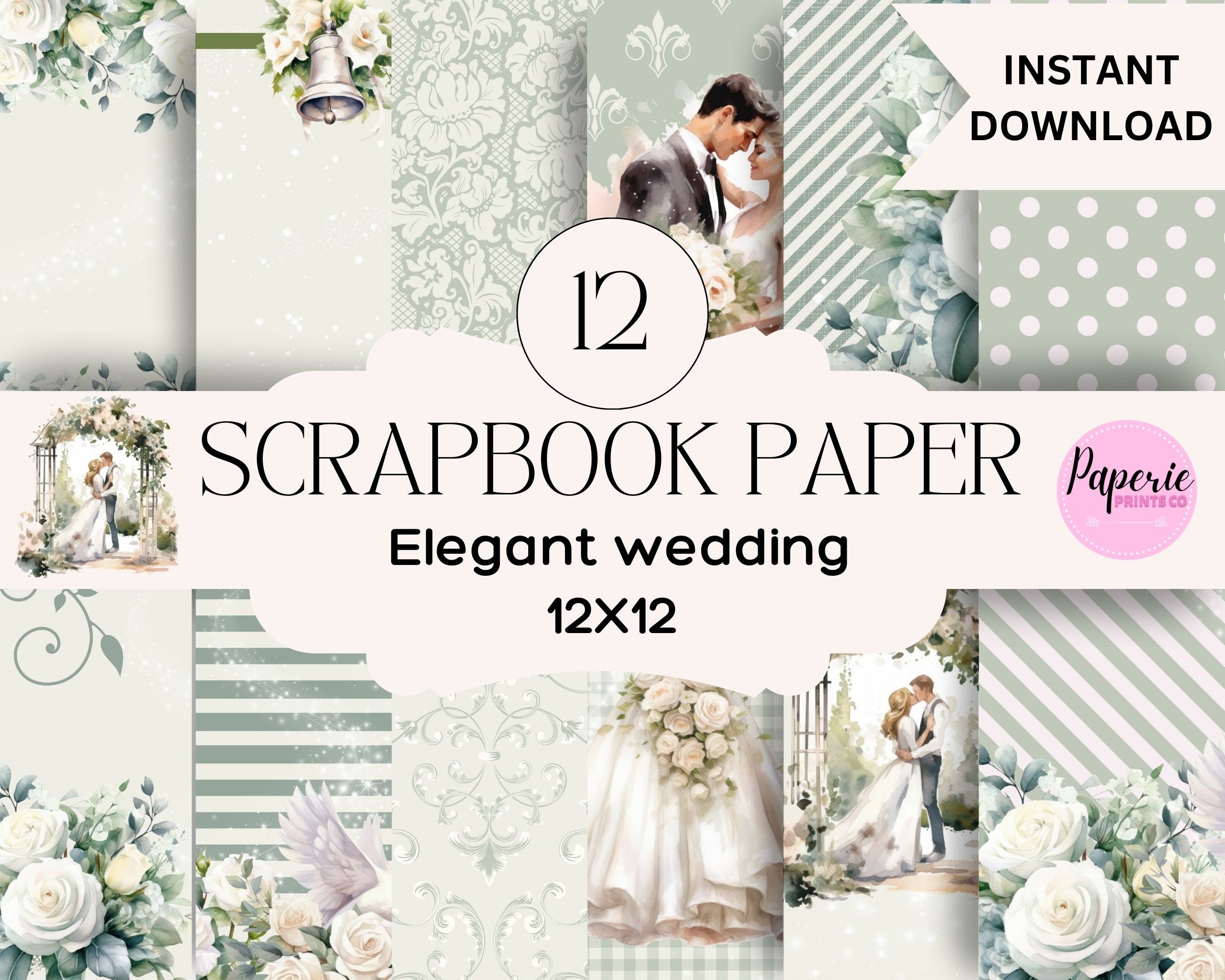 Wedding scrapbook paper printable Elegant wedding scrapbook paper digital  download set of 12