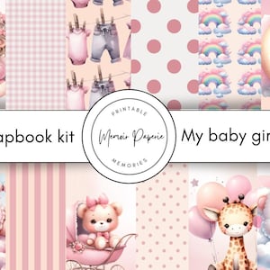 Kit de álbum de recortes para bebé rosa, Kit de álbum de recortes para niña recién nacida, Kit imprimible de álbum de recortes para niña rosa, Kit de álbum de recortes para niña, Diario basura para bebé recién nacido