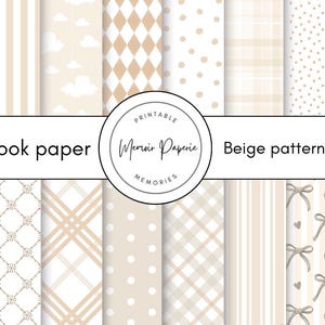 Könnte beinhalten: Eine Sammlung von beigen Scrapbook-Papier-Mustern. Designs umfassen Streifen, Tupfen, Vichy, Rauten, Wolken und Schleifen. Der Text "Scrapbook paper" und "Beige patterns" ist auf dem Bild zu sehen.