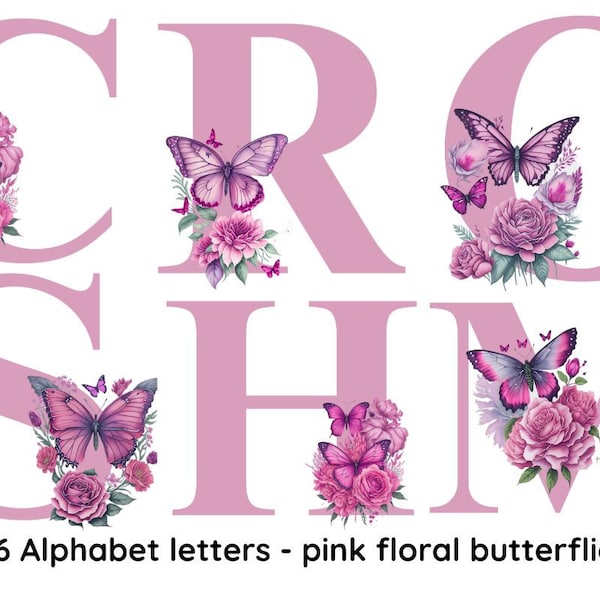 Floral butterfly alphabet letters A to Z decorative pink alphabet letters