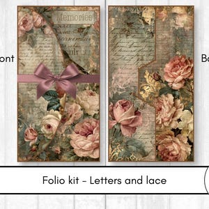 May include: A folio kit featuring a front and back view of a paper folder decorated with vintage floral patterns, cursive script, and the word Memories. The front includes a mauve ribbon bow, while the back displays layered rose illustrations.