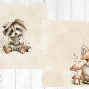 May include: Watercolor illustration featuring a raccoon wearing overalls and a hat, sitting among lavender. A second illustration shows a fox with mushrooms and flowers. The background is a soft beige.