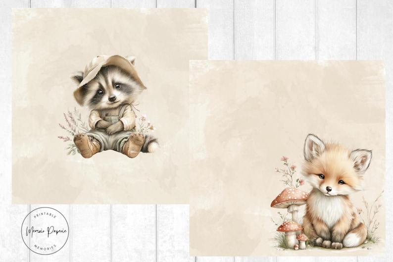 May include: Watercolor illustration featuring a raccoon wearing overalls and a hat, sitting among lavender. A second illustration shows a fox with mushrooms and flowers. The background is a soft beige.