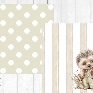 May include: Digital art featuring a cute hedgehog with a backpack, standing next to a bag of art supplies. The background includes a beige polka dot pattern and a beige and white striped pattern. The image has a watercolor style.