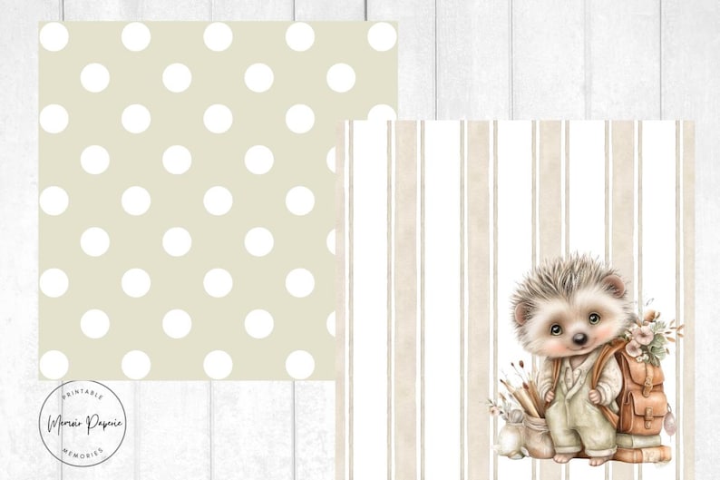 May include: Digital art featuring a cute hedgehog with a backpack, standing next to a bag of art supplies. The background includes a beige polka dot pattern and a beige and white striped pattern. The image has a watercolor style.