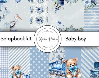 New baby boy scrapbook kit digital, Blue new baby boy scrapbook kit printable, It's a boy scrapbook paper and embellishments digital
