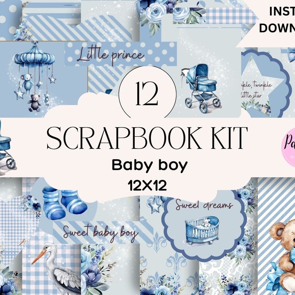 Baby boy scrapbook kit printable baby boy digital scrapbook kit printable papers embellishments baby boy