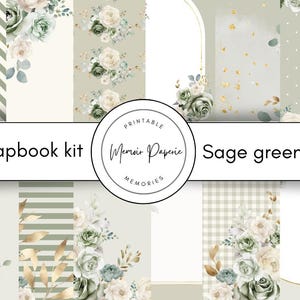 Kit stampabile per scrapbooking floreale verde salvia, carta per scrapbooking nuziale e abbellimenti color salvia, kit per diario di nozze floreale verde salvia