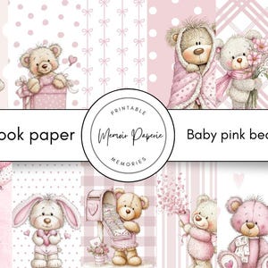 Puede incluir: Una colección de papel de scrapbook rosa bebé con adorables osos de peluche en varias poses. Los osos sostienen globos, flores y regalos, con una corona y un buzón. Se muestra el texto "Scrapbook paper" y "Baby pink bear".