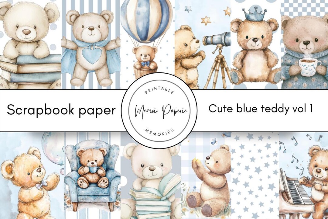 Blue Teddy Bear Scrapbook Paper: Baby Album Patterns (digital Download ...