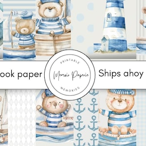 Papier de scrapbooking nautique à imprimer, Ships Ahoy papier de scrapbooking imprimable, papier de scrapbooking bébé marin numérique, journal nautique ours indésirable