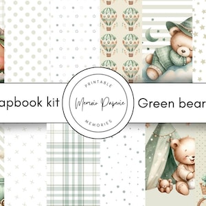 Afdrukbare plakboekkit babybeer groen, plakboekpapier groene beer en versieringen digitale download, plakboekset baby groene beer
