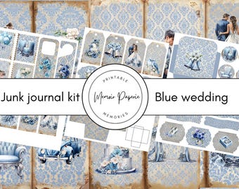 May include: A junk journal kit with a blue wedding theme. The kit includes various paper elements with images of wedding bells, cakes, and couples. The background features a damask pattern in blue and white. The text "Blue wedding" is visible.