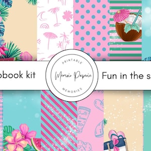 Kit de scrapbook divertido ao sol para impressão Kit de scrapbook de praia Kit de scrapbook de papel para festa na piscina Kit de diário de scrapbook digital para férias de verão