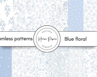 Floral Blue Seamless Patterns: Scrapbook Paper (Digital Download, 12x12 inches, JPG