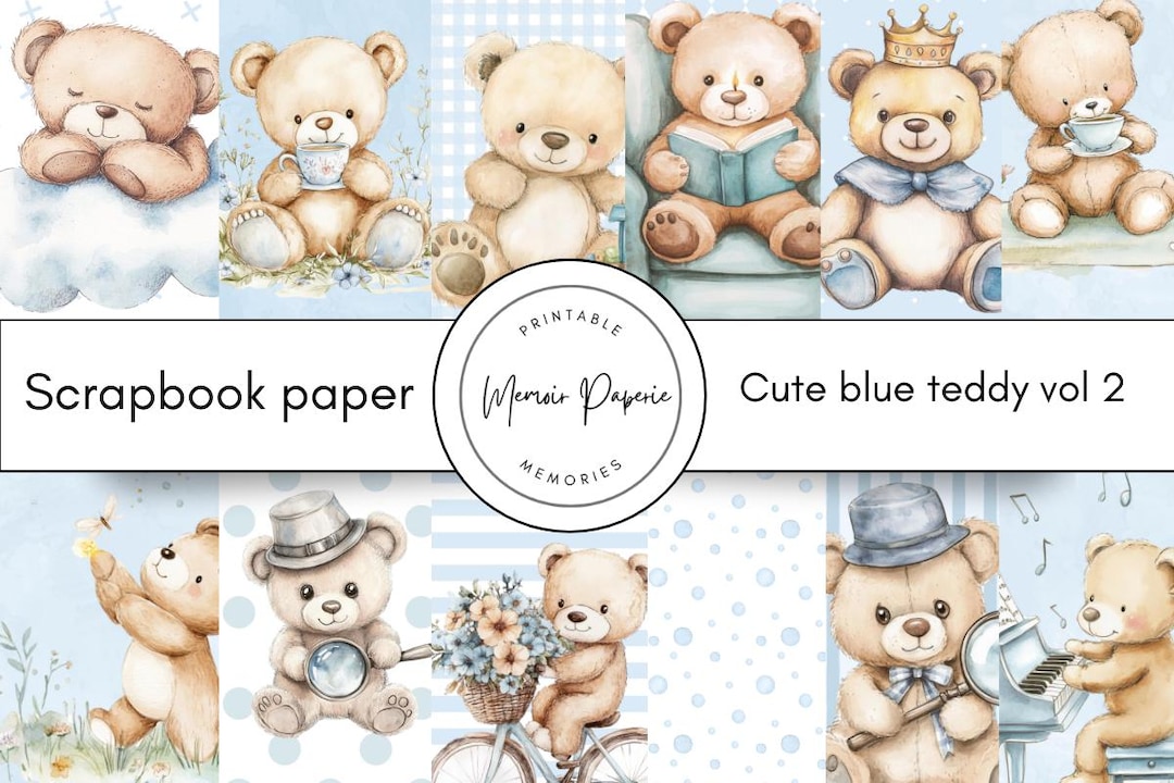 Blue Teddy Bear Scrapbook Paper: Baby Album Patterns (digital Download ...