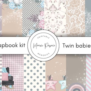 Kit de álbum de recortes para recién nacidos gemelos, niño y niña, kit de álbum de recortes digital para bebés gemelos, niña y niño, kit de álbum de recortes digital para gemelos, kit de diario para bebés gemelos