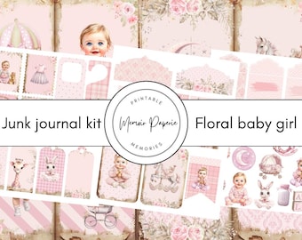 May include: Printable junk journal kit with floral and baby girl themed illustrations. The kit includes tags, banners, and other embellishments in pink and white.