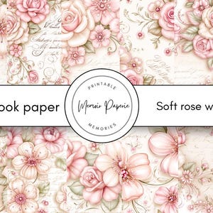 Può includere: Una collezione di carta per scrapbooking stampabile con illustrazioni di rose rosa tenue, foglie verdi e testo in corsivo vintage su sfondo color crema. Il logo circolare centrale mostra il testo Printable Memoir Paperie Memories.