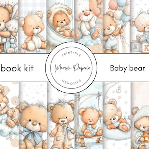 Peut inclure: Une collection d'illustrations à l'aquarelle représentant d'adorables oursons dans diverses poses et tenues. Les images sont douces et aux couleurs pastel, avec le texte "Scrapbook kit" et "Baby bear". Les illustrations sont adaptées aux loisirs créatifs sur le thème des bébés.