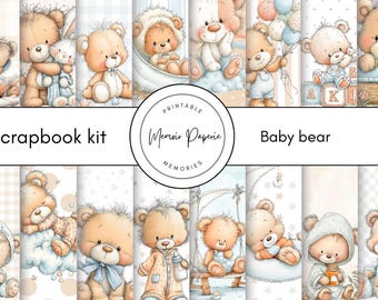 May include: A collection of watercolor illustrations featuring adorable baby bears in various poses and outfits. The images are soft and pastel-colored, with the text "Scrapbook kit" and "Baby bear" displayed above the images. The illustrations are suitable for baby-themed crafts.