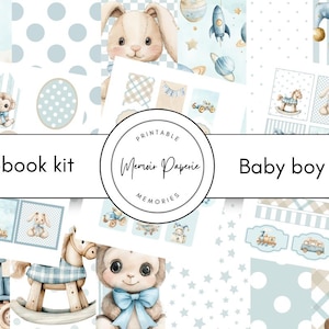 Op de afbeelding: Een scrapbook kit met een babyjongen thema. Het ontwerp bevat aquarel illustraties van speelgoed, waaronder een schommelpaard, konijn en trein, in tinten blauw, beige en wit. De tekst "Scrapbook kit" en "Baby boy toys" worden weergegeven.