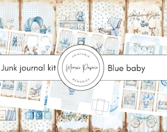 May include: A printable junk journal kit with a blue baby theme. The design features illustrations of baby clothes, toys, and nursery decor. The kit includes tags, patterned papers, and decorative elements. The text "Junk journal kit" and "Blue baby" are visible.