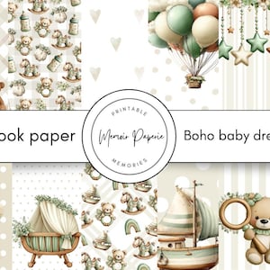 Könnte beinhalten: Eine Sammlung von Scrapbook-Papierbögen mit dem Thema "Boho Baby Dreams". Die Designs zeigen Teddybären, Schaukelpferde, Segelboote, Ballons und andere Baby-Illustrationen in sanften Pastellfarben. Der Text "Scrapbook paper" und "Boho baby dreams" ist zu sehen.