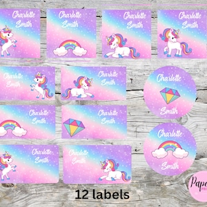 Unicorn school name labels, Unicorn school name tags, Back to school labels for books, School supply stickers, School sticker png