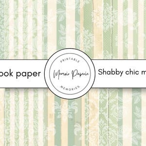 Puede incluir: Papel de scrapbook shabby chic con un patrón de rayas verde menta y crema. El diseño incluye rayas verticales con acentos florales y punteados. Se muestra el texto "Scrapbook paper" y "Shabby chic mint green".