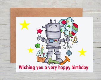 Cute robot card birthday card for boys, Children's printable robot birthday card, Pdf greeting card for kids birthday