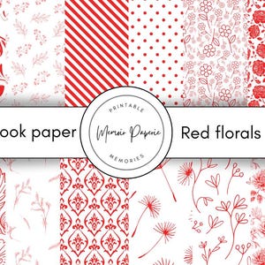 Red floral scrapbook paper patterns, Red patterned scrapbook paper, Floral red scrapbook paper digital, Red and white patterns