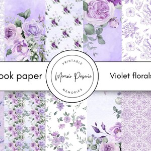 May include: A collection of scrapbook paper sheets with various violet floral designs. The designs include roses, other flowers, and patterns. The text "Scrapbook paper" and "Violet florals" are displayed.