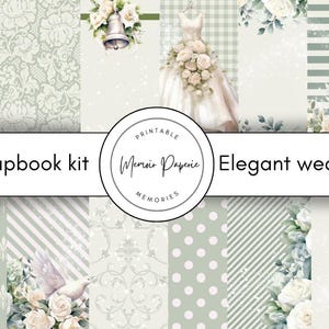Wedding scrapbook kit printable elegant wedding digital scrapbook kit paper and embellishments green and beige