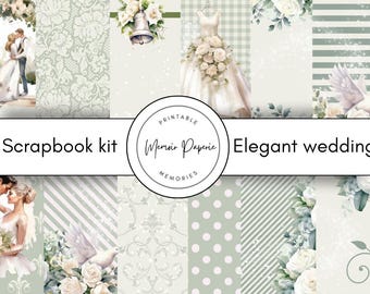 Elegante kit de scrapbooking para bodas, con adornos de papel verde y beige (descarga digital)