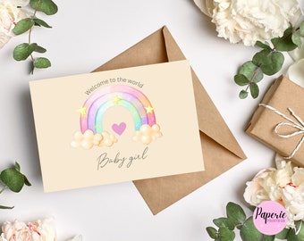 New baby girl greeting card printable rainbow girl baby card digital download welcome to the world baby card printable